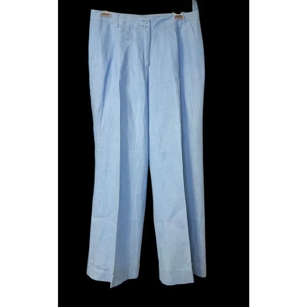 Coldwater Creek Linen Pants Pleated Front Sz. 10P Blue Cuffed - Picture 2 of 5